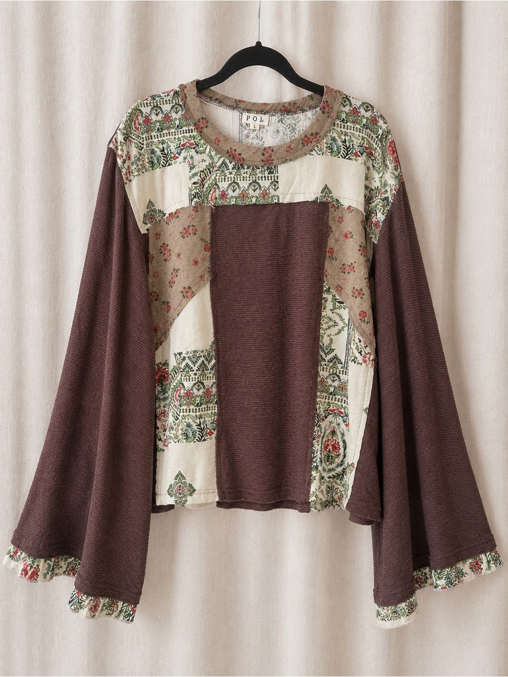 194🌟 POL Boho Patchwork Bell Sleeve Top | Mixed Media Floral Knit | Oversized